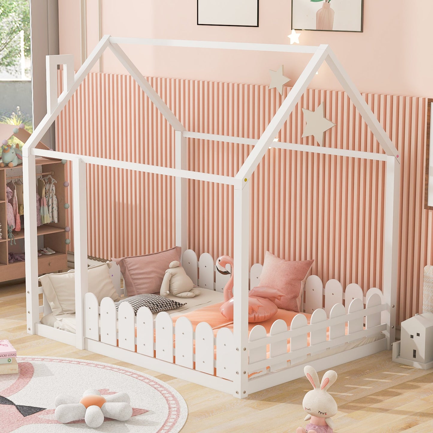 (Slats are not included) Full Size Wood Bed House Bed Frame with Fence for Kids Teens Girls Boys (White ) - Korvel