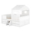 Full Size House Low Loft Bed with Four Drawers,White - Korvel