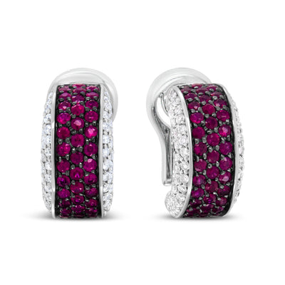 Pendientes Huggie de Oro Blanco de 18K y Rodio Negro con Diamantes y Rubíes