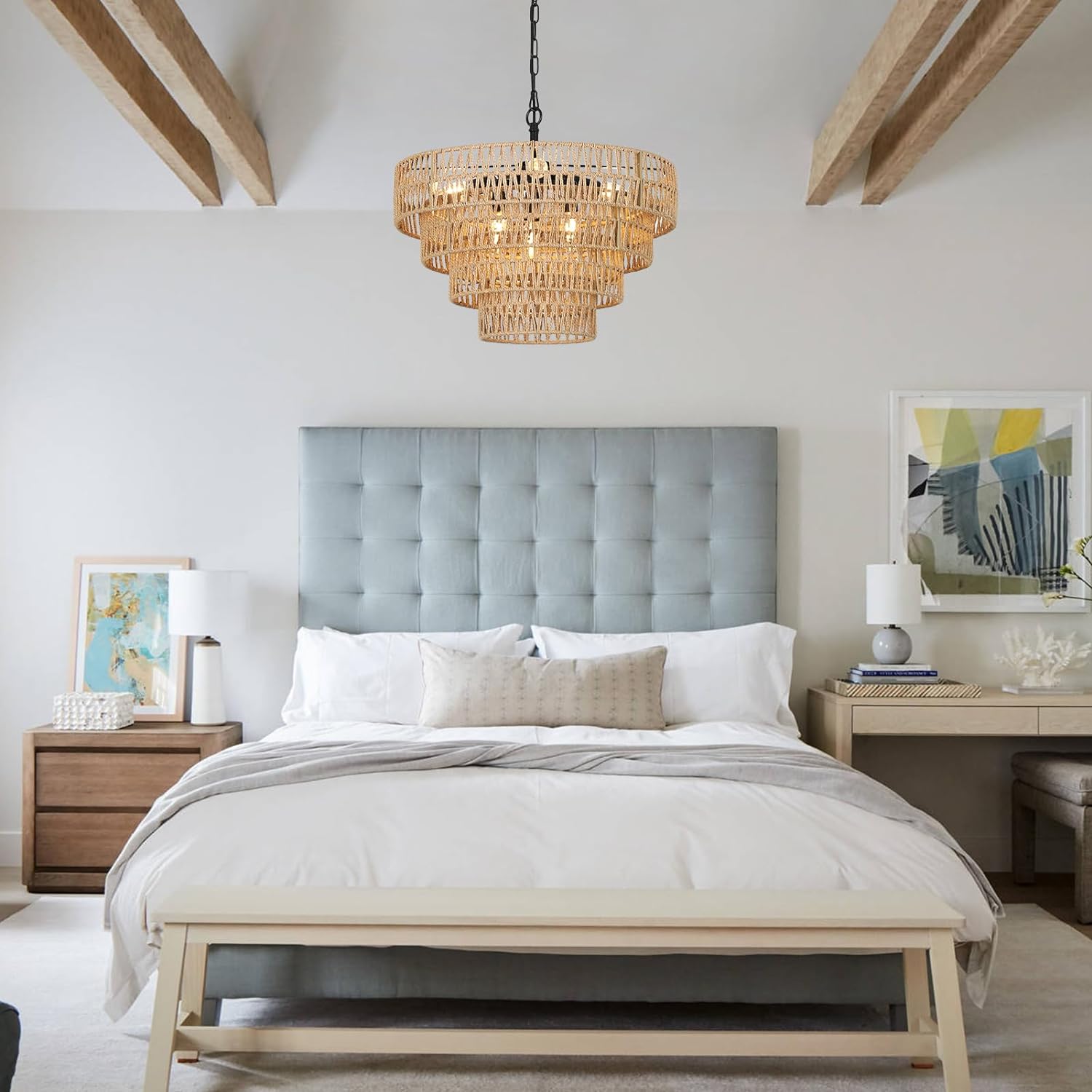 6-Light Dining Room Light Fixture, Wicker Pendant Lighting with 4-Tier Woven Lampshade, Large Farmhouse Chandeliers (20") - Korvel