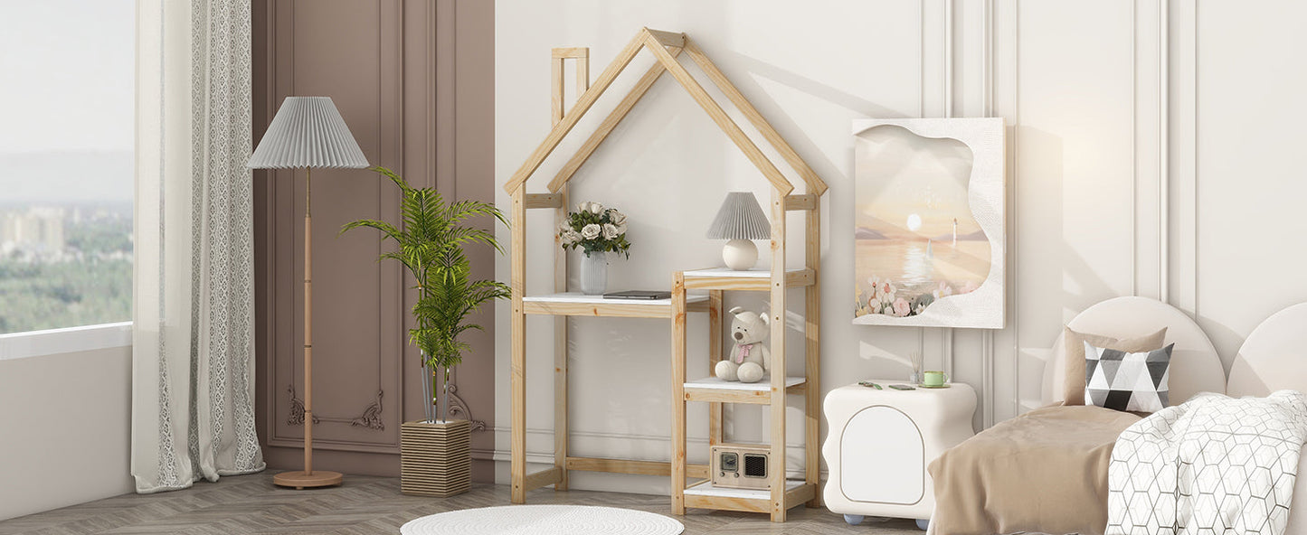 House-shaped Wooden writing Desk Kids study Table Bookshelf & Toy Storage Natural - Korvel