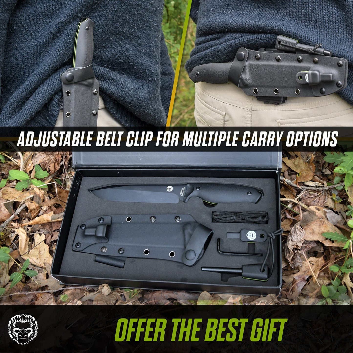 Ultimate Bushcraft Survival Knife Gift Set - The Fireline with 1095 High Carbon Blade (Black/Green) - Korvel