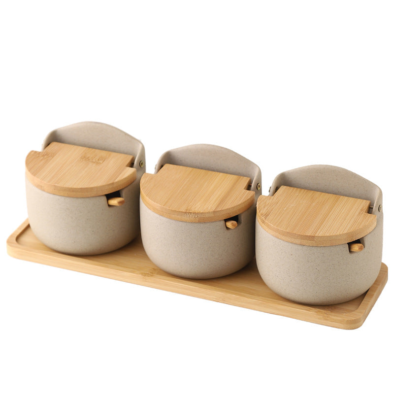Japanese Ceramic Seasoning Jar Set with Bamboo Lid
