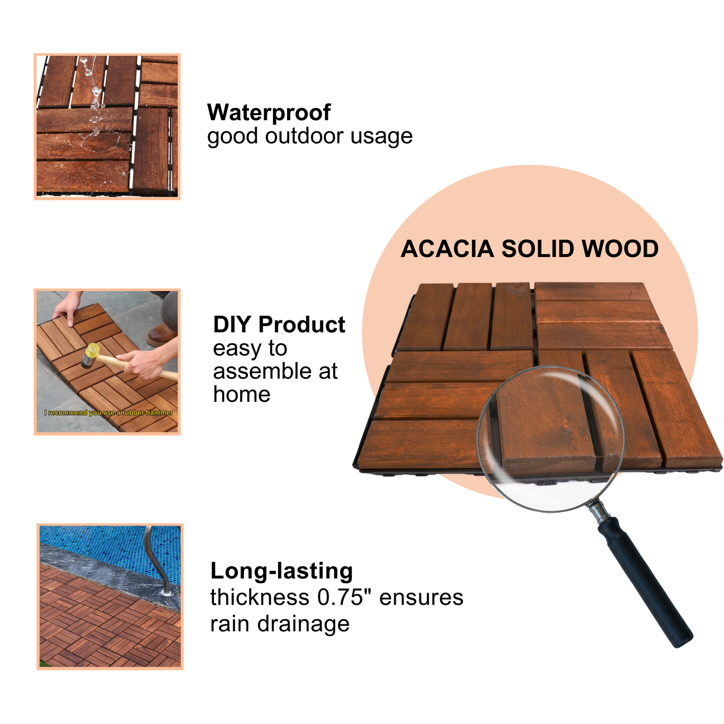 Acacia interlocking deck tile grid pattern, 10 pieces of 12 inch x 12 inch square brown Acacia hardwood outdoor flooring - Korvel