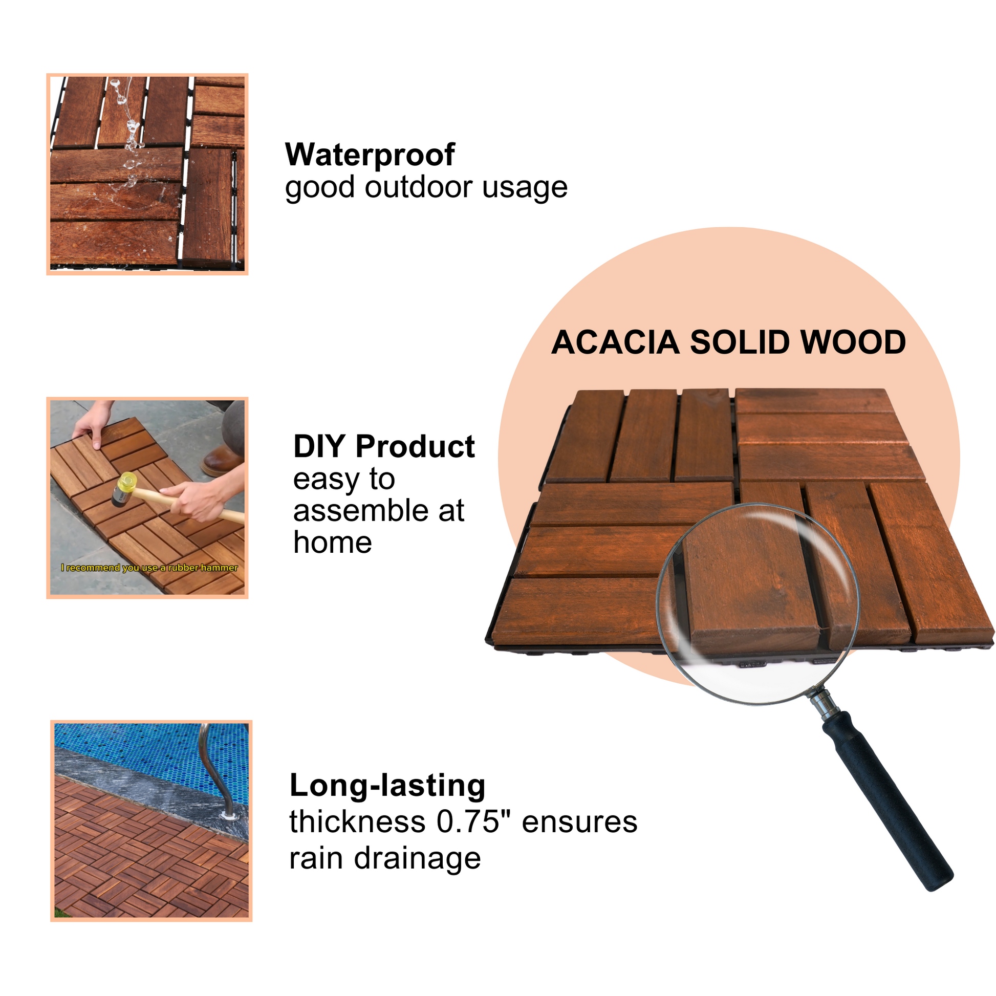 Acacia interlocking deck tile grid pattern, 10 pieces of 12 inch x 12 inch square brown Acacia hardwood outdoor flooring - Korvel