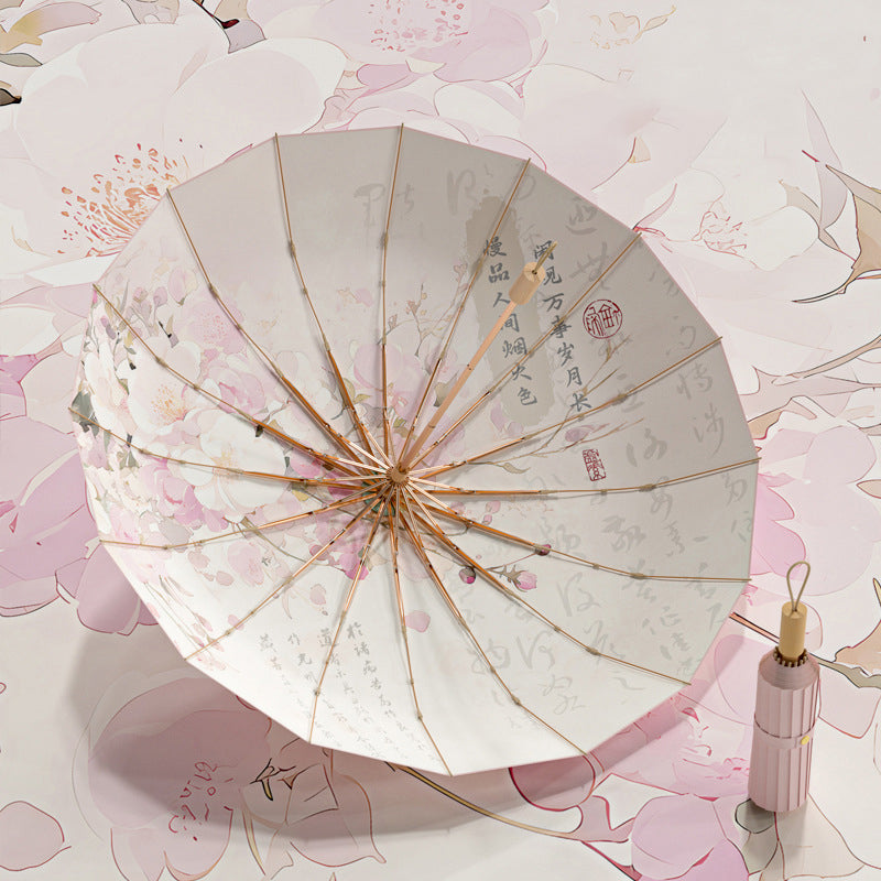 16-rib color rubber & gold aluminum alloy frame: new Chinese retro folding umbrella with sun protection and UV resistance. - Korvel