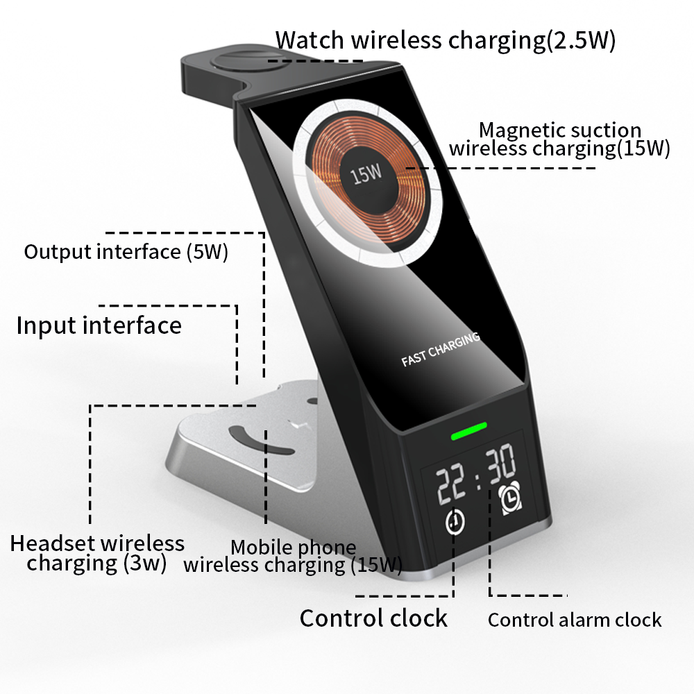 Wireless Charger 6-In-1 Multi-Function Clock Alarm Clock For Apple 14 Mobile Phone Headset Watch Magnetic Suction Fast Charging - Korvel