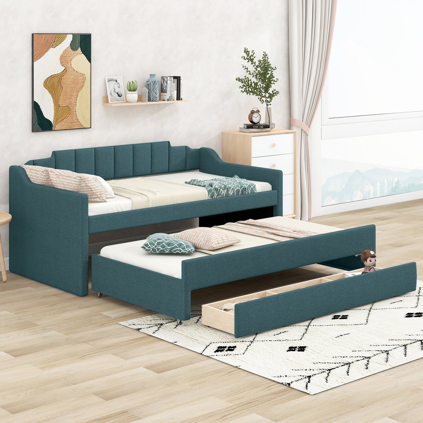 Twin Size Upholstered Daybed with Trundle and Three Drawers,Green - Korvel