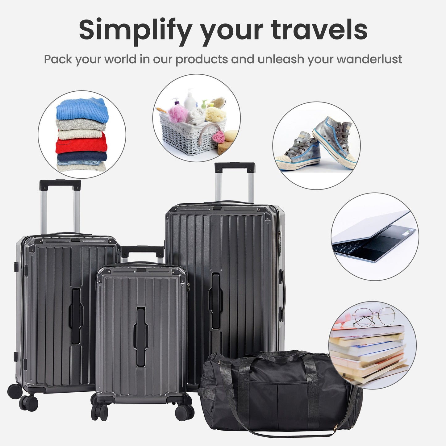 Luggage Set 4 pcs (20"/24"/29"/Travel Bag), PC+ABS Durable Lightweight Luggage with Collapsible Cup Holder, TSA Lock, Gray - Korvel