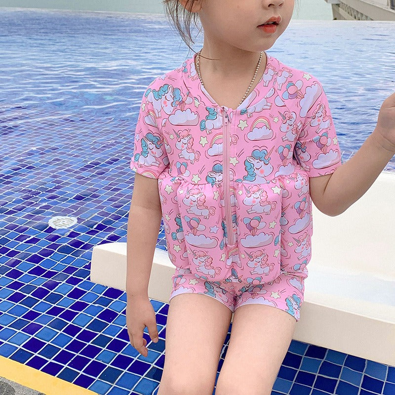 Children's buoyancy swimsuit for girls and boys, cute baby short sleeved zipper one-piece surfing floating vest swimsuit - Korvel