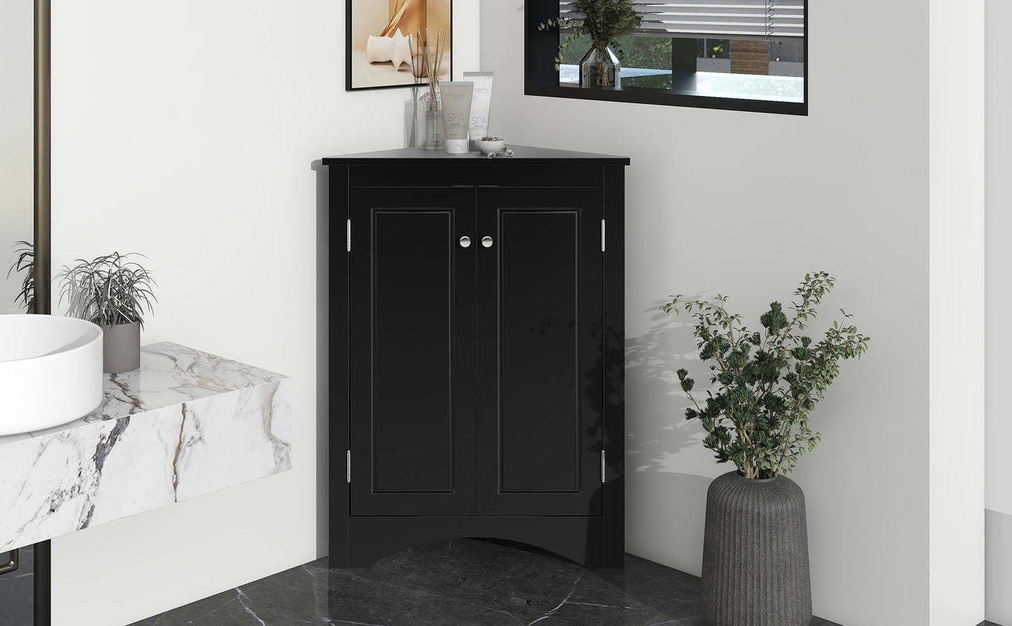 Black Triangle Bathroom Storage Cabinet with Adjustable Shelves