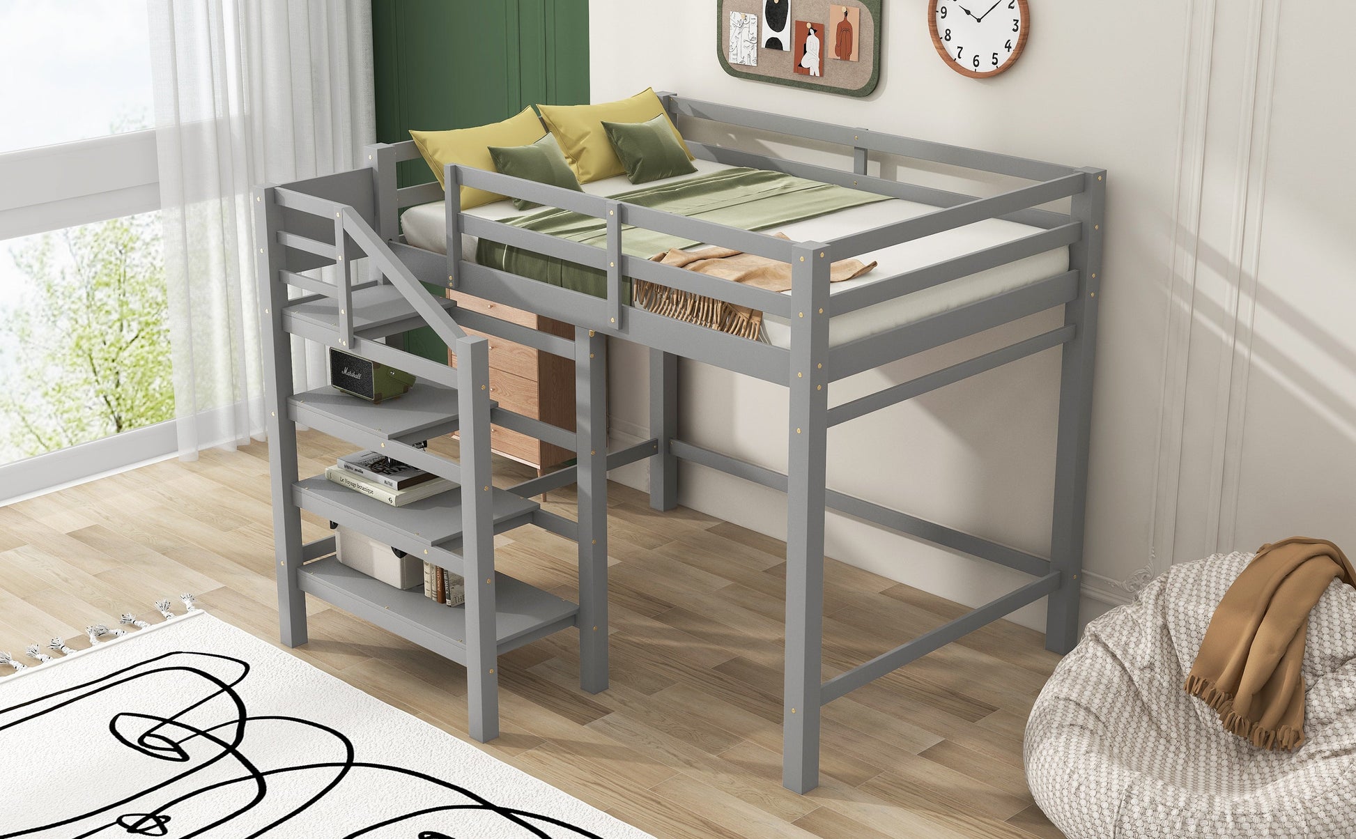 Full Size Loft Bed with Built-in Storage Staircase and Hanger for Clothes, Gray - Korvel