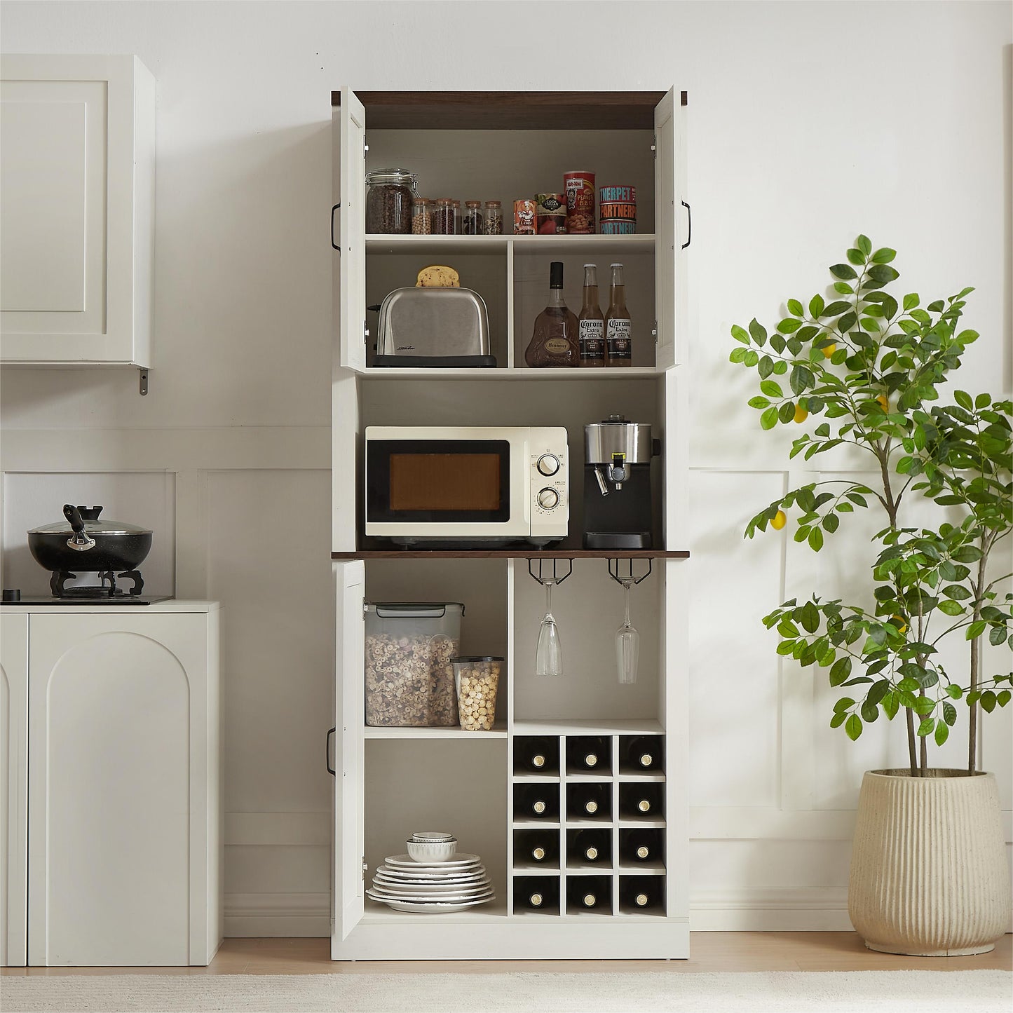 76 Inch Tall Farmhouse Kitchen Faux Rattan Wine Cabinet, Kitchen Bar Cabinet with Square Compartments and Shelves - Korvel
