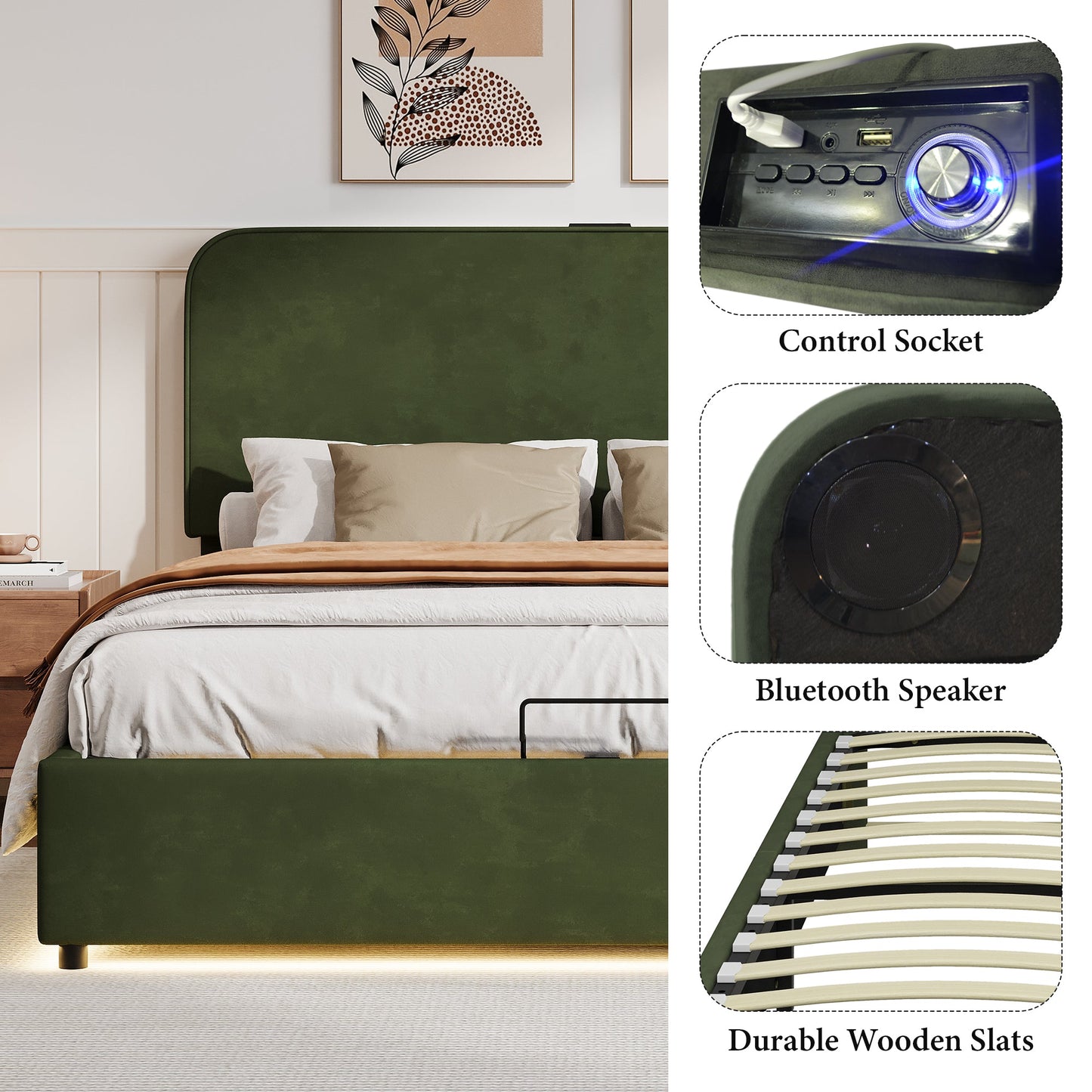 Hydraulic Storage Bed with RGB LED Lights and Bluetooth Speaker