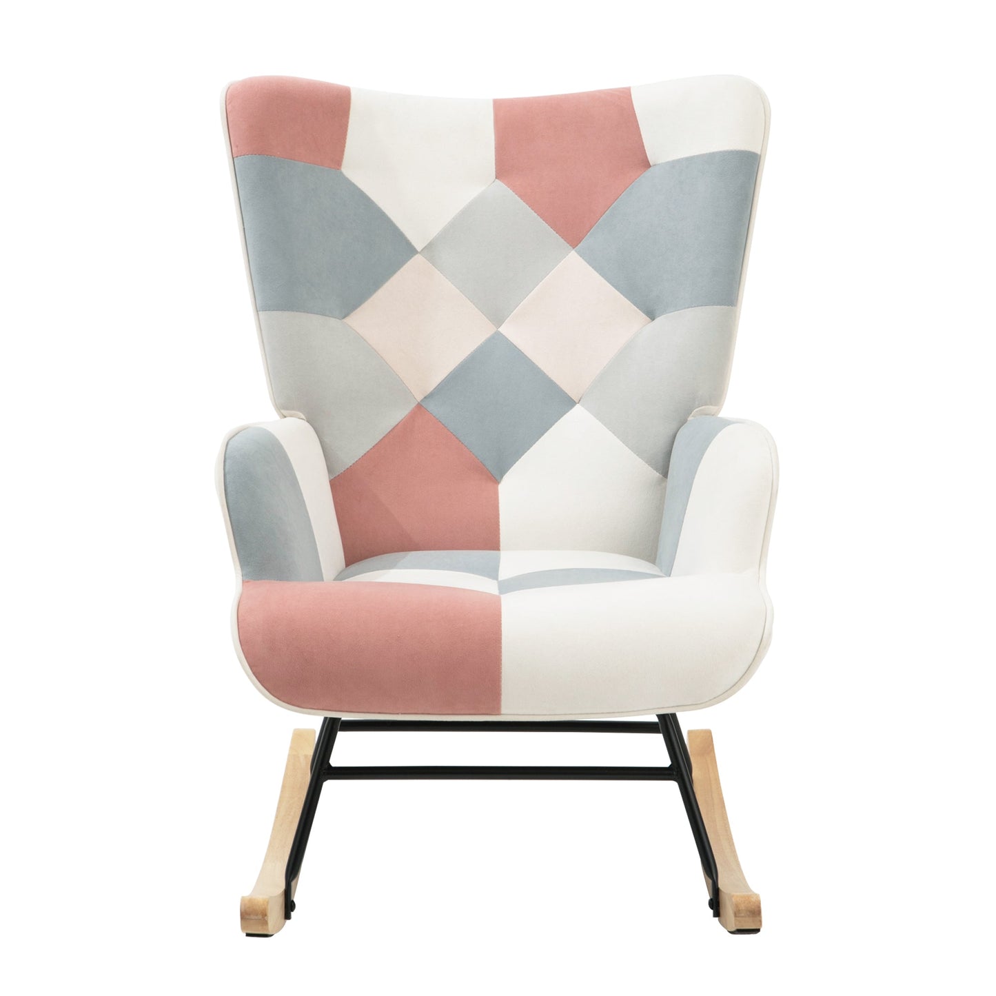 Rocking Chair with ottoman, Mid Century Fabric Rocker Chair with Wood Legs and Patchwork Linen for Livingroom Bedroom - Korvel