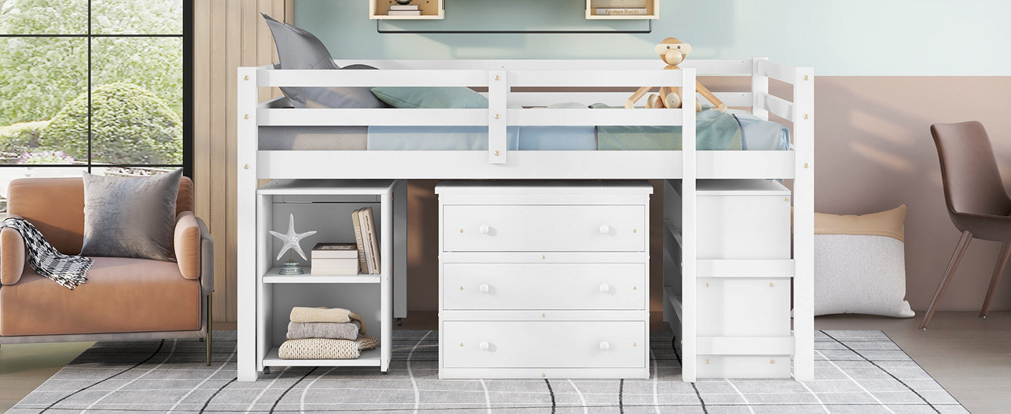 Low Study Full Loft Bed with Cabinet Shelves and Rolling Portable Desk Multiple Functions Bed- White - Korvel