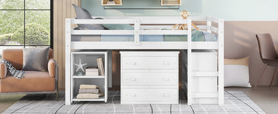 Low Study Full Loft Bed with Cabinet Shelves and Rolling Portable Desk Multiple Functions Bed- White - Korvel