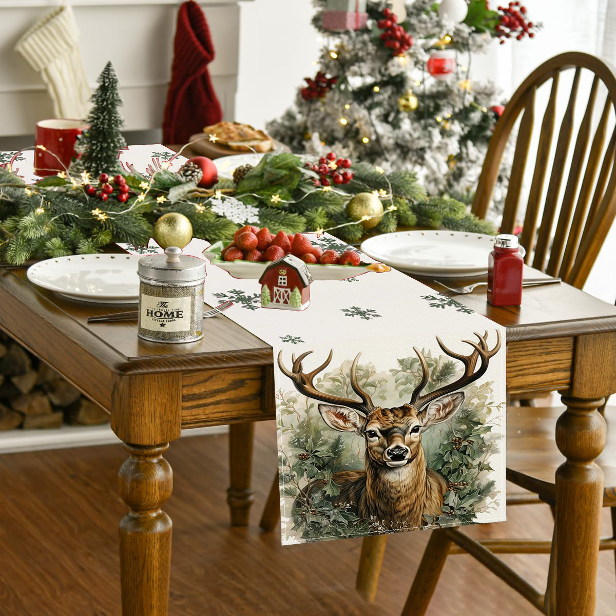 Reindeer Printed Linen Table Runner for Holiday Decor