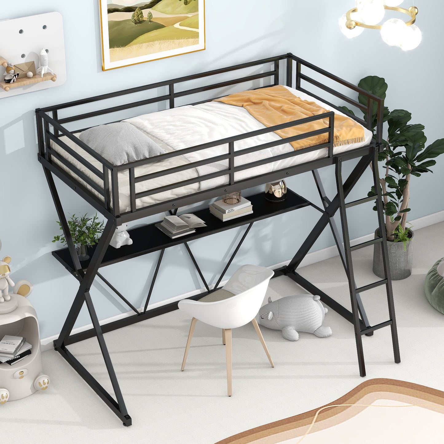 Premium Twin Size Loft Bed with Desk and Guardrails - Black