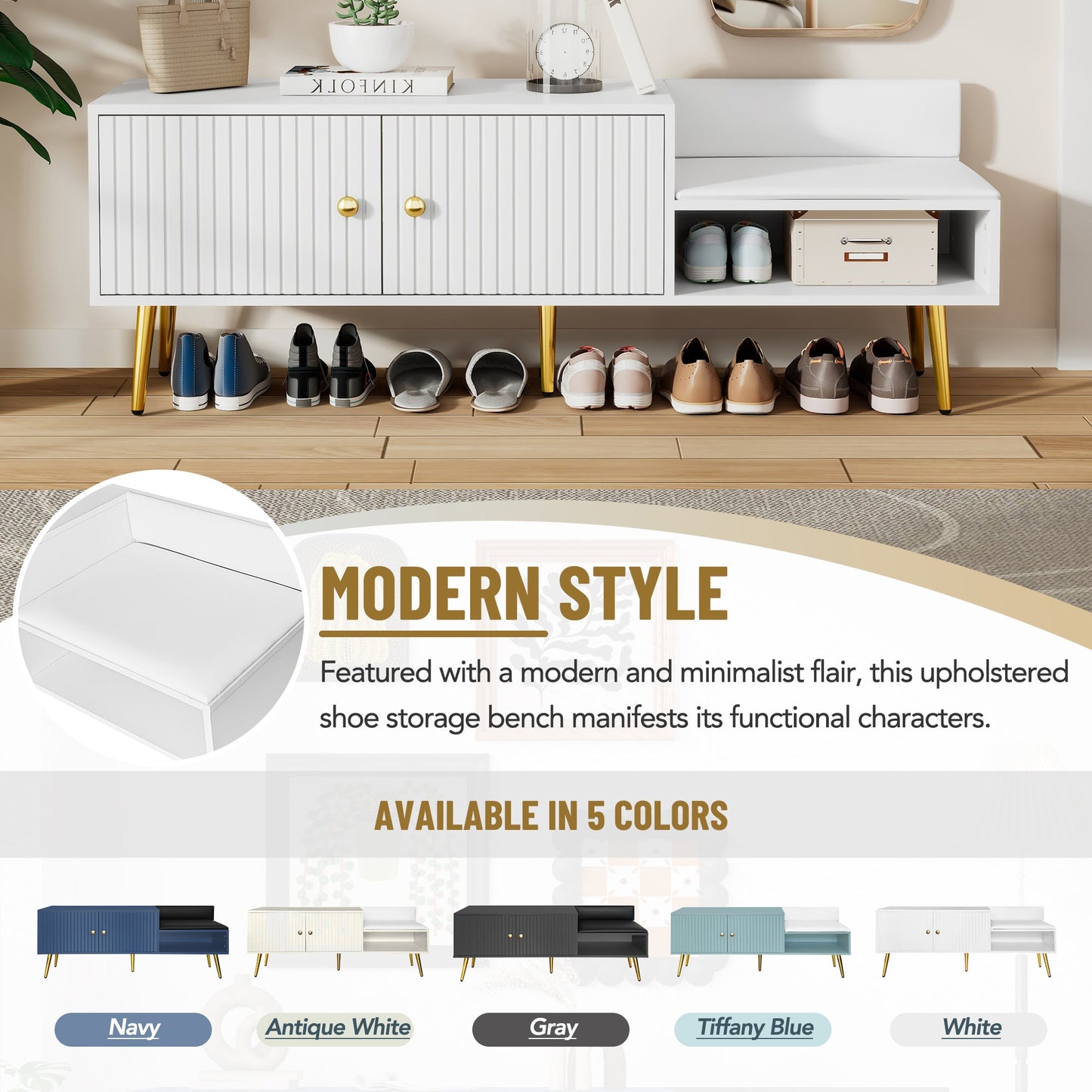 Banc de rangement pour chaussures blanc moderne avec rangement caché