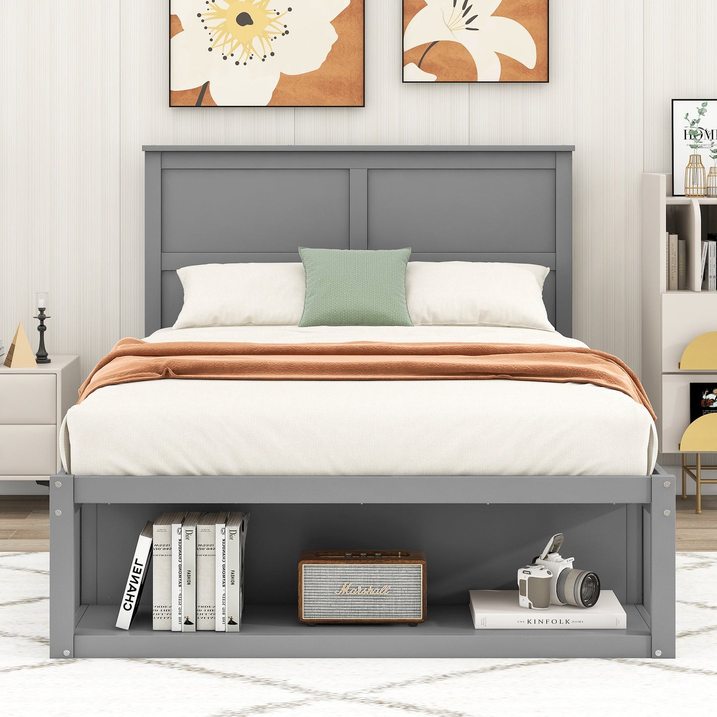 Full Size Platform Bed with Drawer on the Each Side and Shelf on the End of the Bed Gray - Korvel