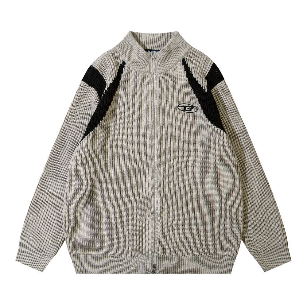 Color Block Zipper Cardigan Sweater Men's Autumn Street Style Stand Collar Long Sleeve Loose Knitwear - Korvel