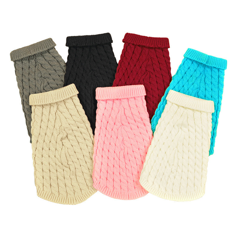 Autumn and winter pet dog cat warm solid color classic Fried Dough Twists sweater thickened turtleneck sweater - Korvel