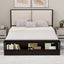 Queen Size Platform Bed Frame with Upholstery Headboard and Bookshelf in Footboard and LED Light Strips, Espresso - Korvel