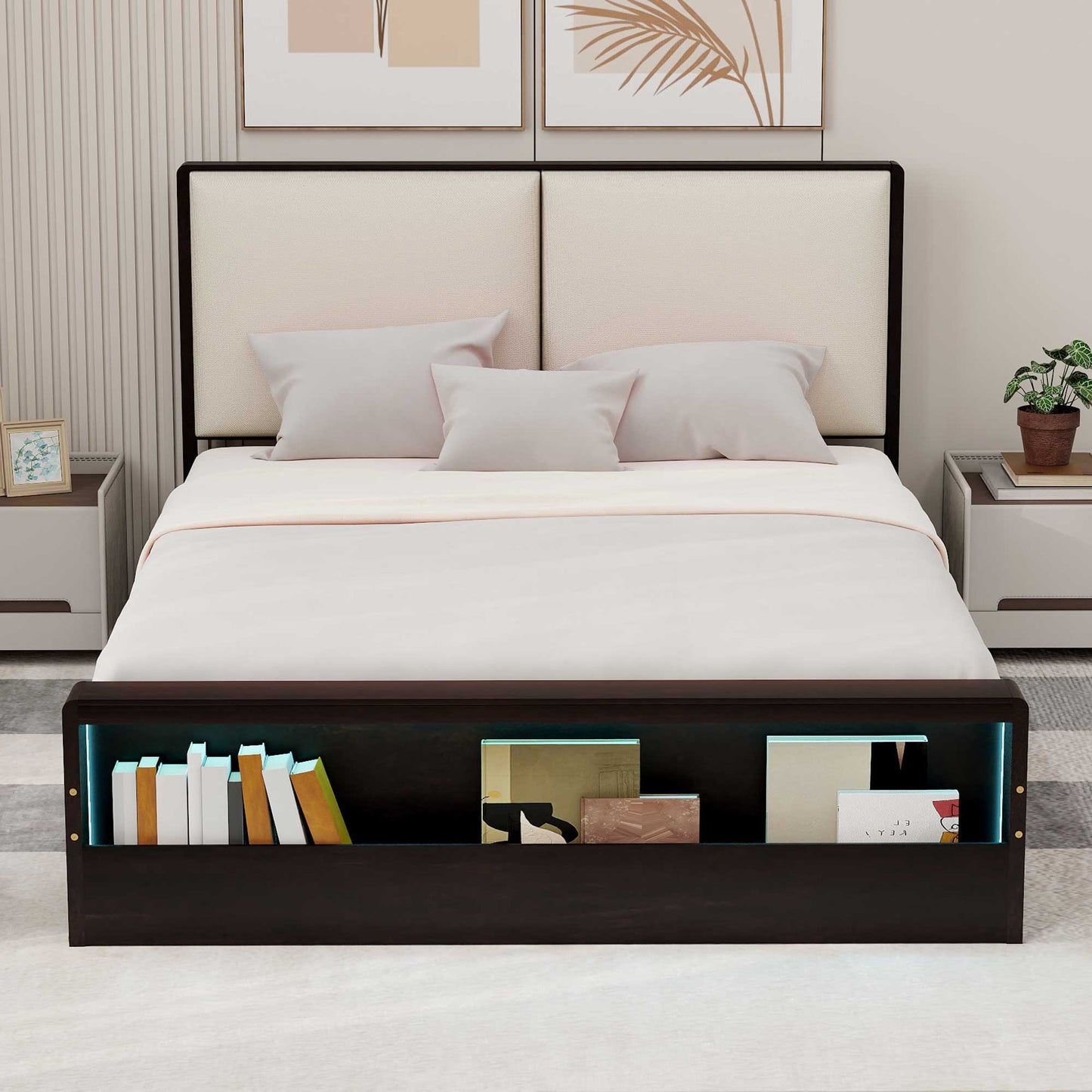 Queen Size Platform Bed Frame with Upholstery Headboard and Bookshelf in Footboard and LED Light Strips, Espresso - Korvel