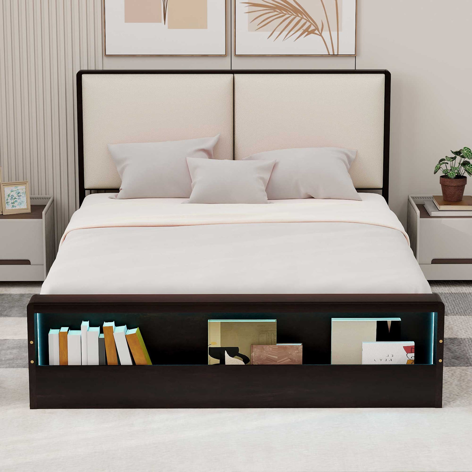 Queen Size Platform Bed Frame with Upholstery Headboard and Bookshelf in Footboard and LED Light Strips, Espresso - Korvel