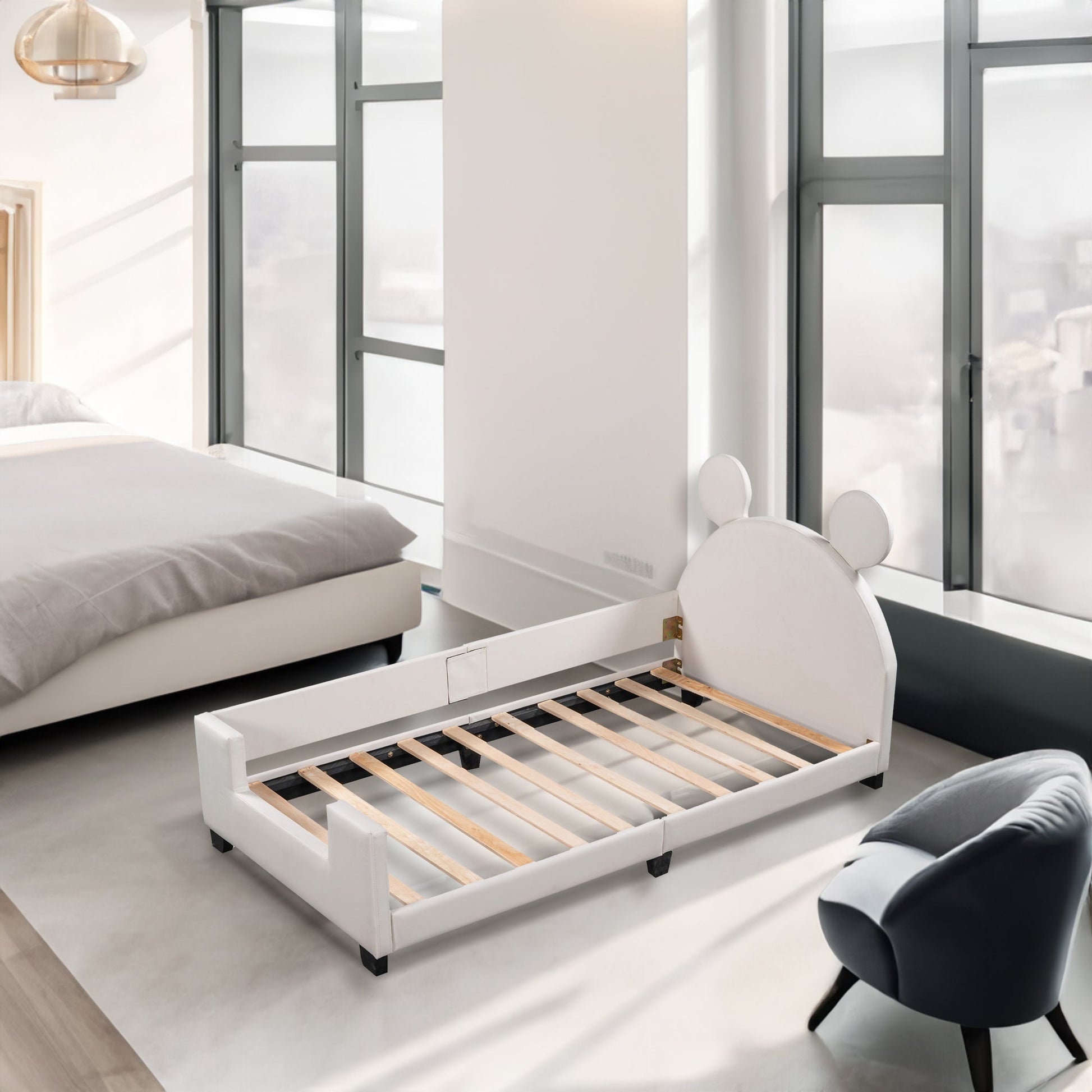 Twin Size Upholstered Daybed with Carton Ears Shaped Headboard White - Korvel