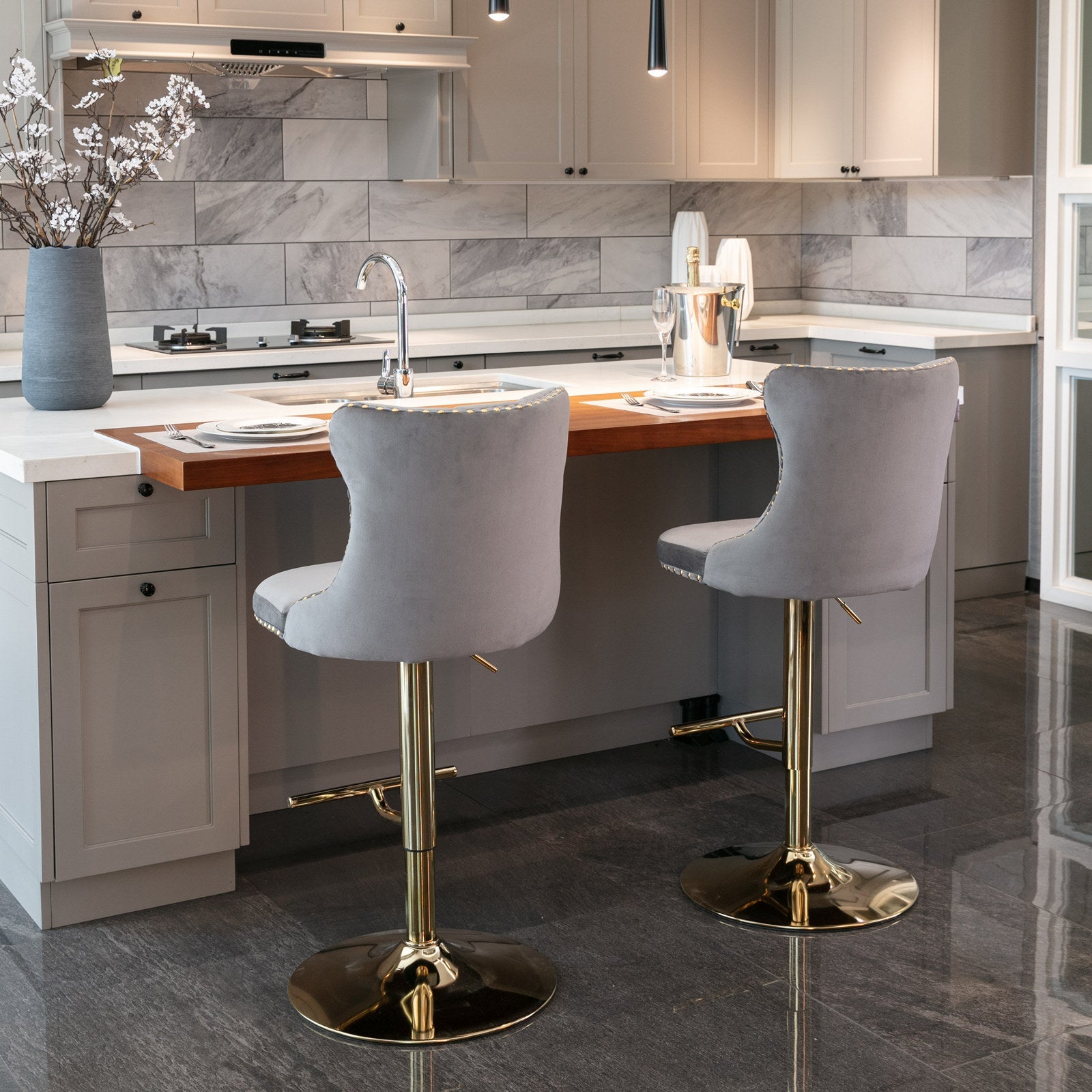 Adjusatble Seat Height from 25-33 Inch, Modern Upholstered Bar Stools with Backs Comfortable Tufted for Home Pub and Kitchen Is - Korvel