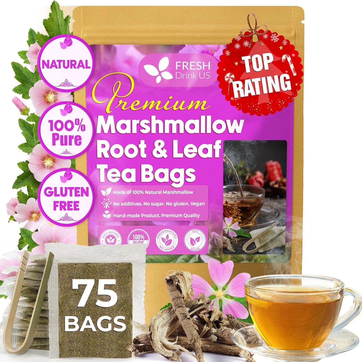 Bolsitas de té de raíz y hojas de malvavisco de primera calidad, 100 % naturales y puros. 