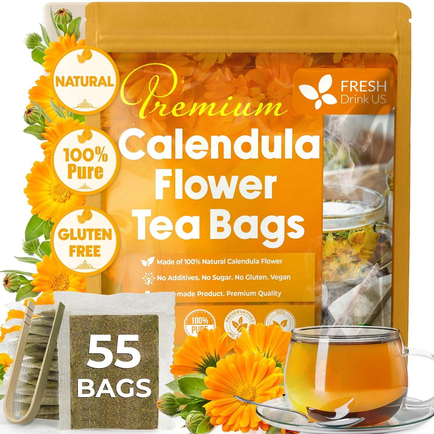 Bolsitas de té de caléndula, flores de caléndula 100 % naturales y puras, ecológicas. Infusión de caléndula. Sin azúcar, sin cafeína, sin gluten, vegana. 