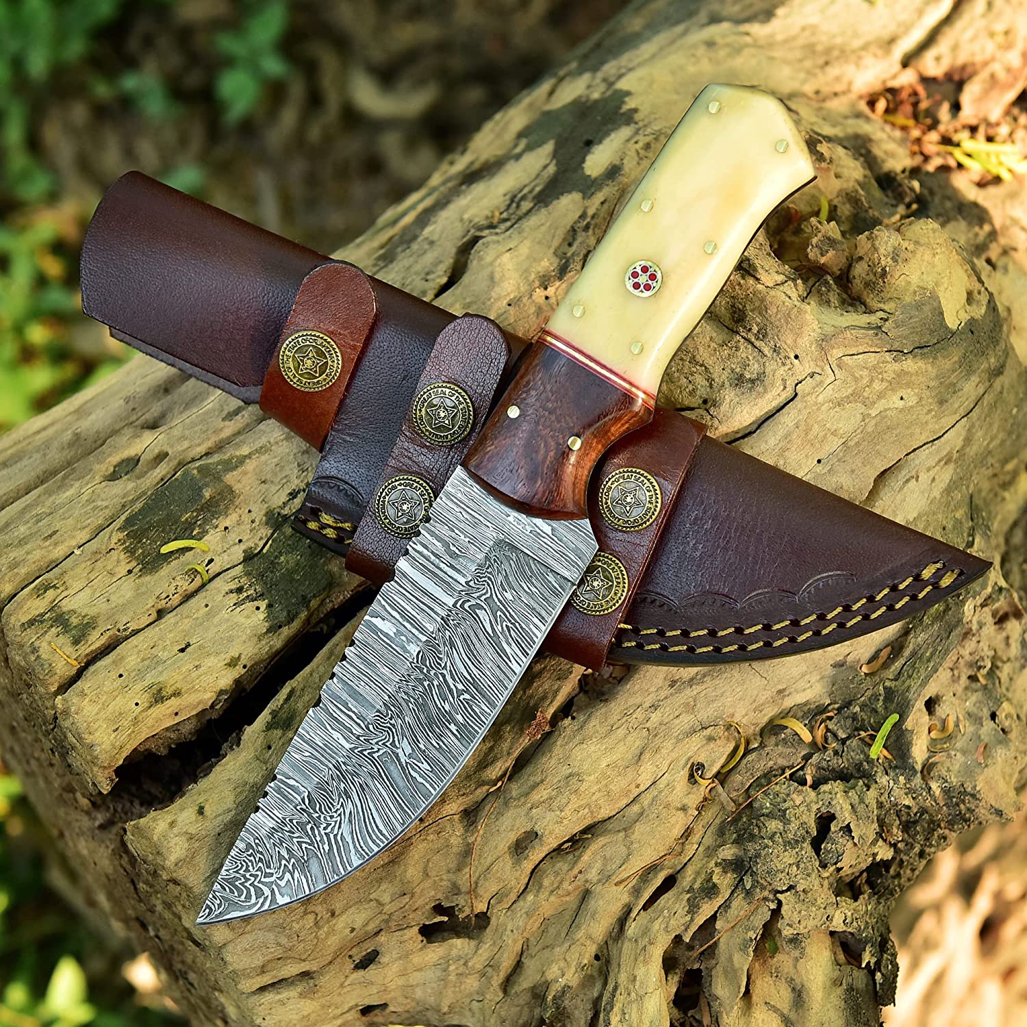 Premium Damascus Skinning Knife with Elegant Bone-Rosewood Handle - Korvel