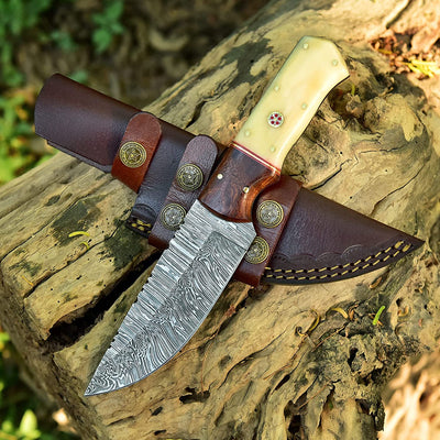Premium Damascus Skinning Knife with Elegant Bone-Rosewood Handle - Korvel
