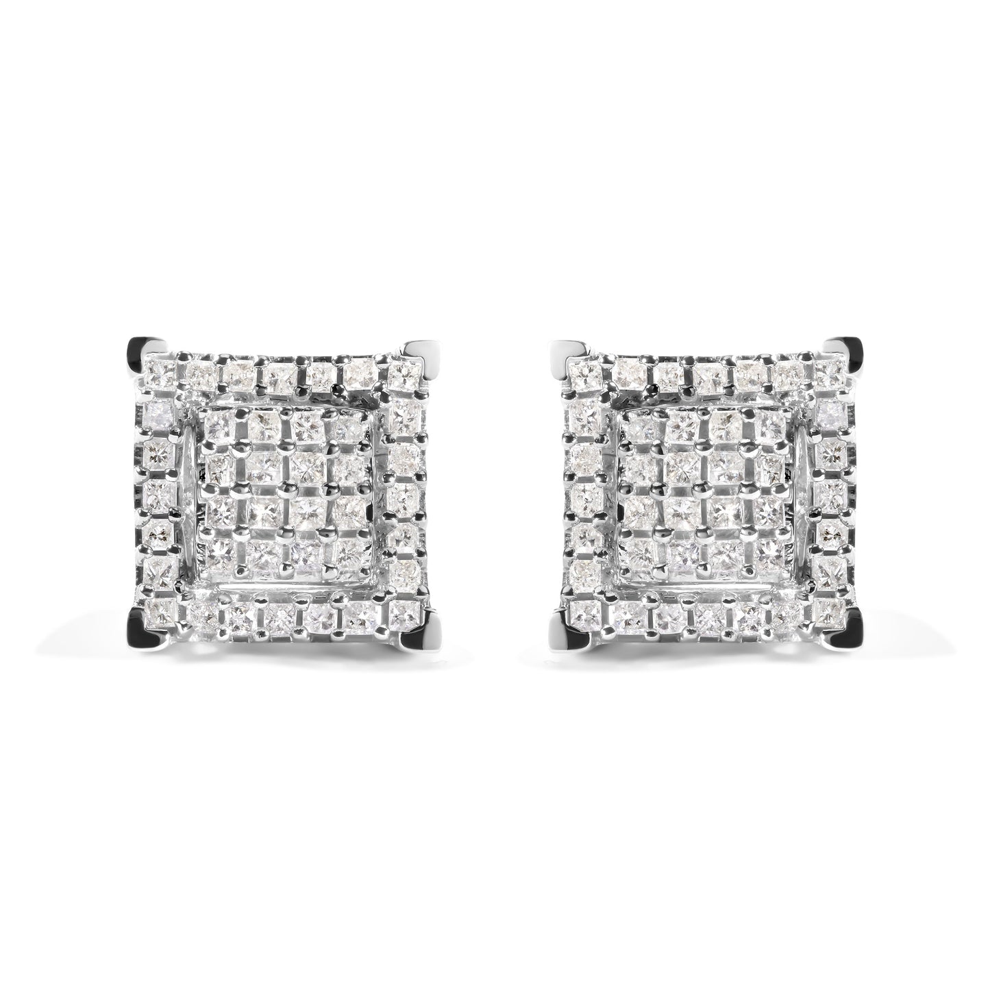 Pendientes de Aro Cuadrados Dobles de Diamante Compuesto en Oro Blanco de 10K