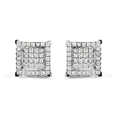 10K White Gold Princess Diamond Composite Double Square Halo Stud Earrings