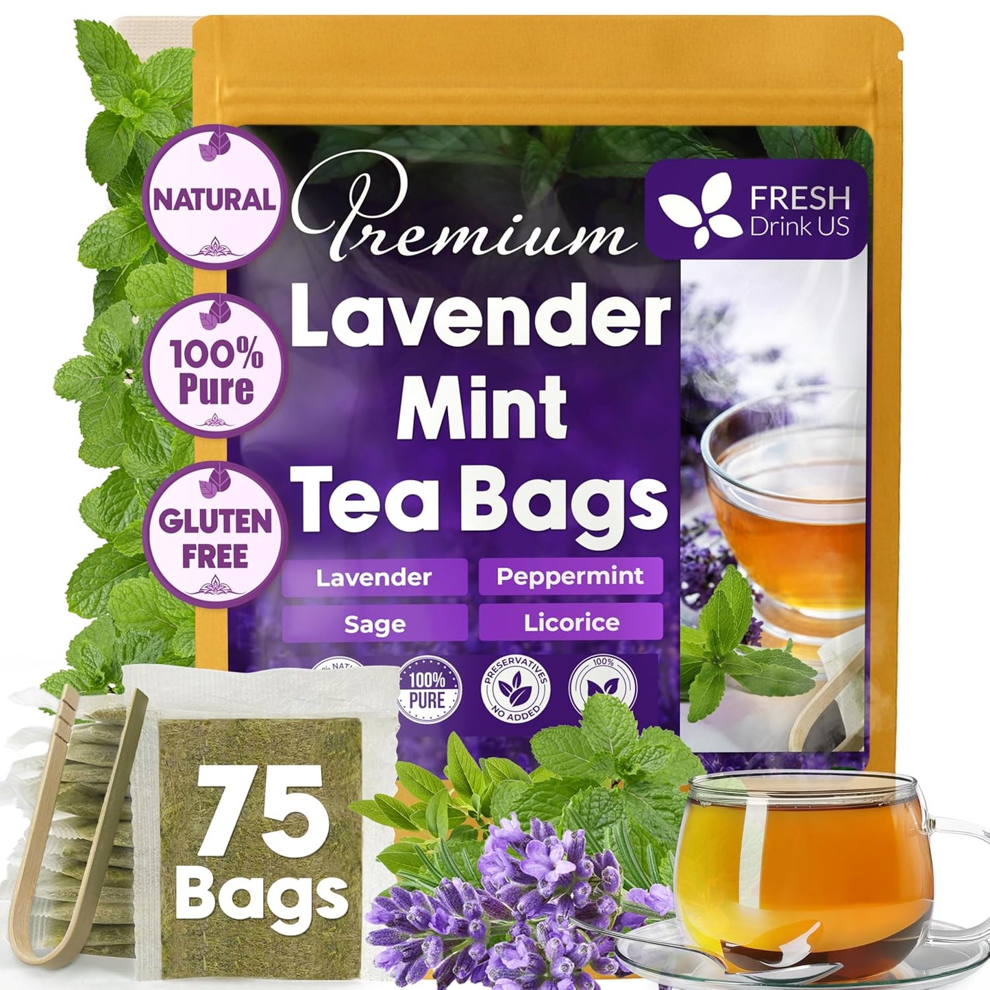 Premium Lavender Mint Tea Bags - 100% Natural Herbal Blend