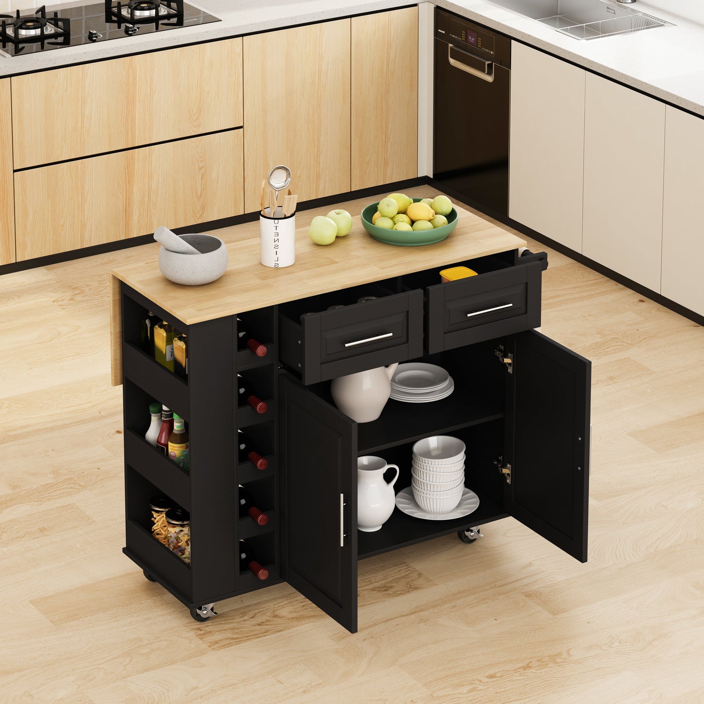 Multi-Functional Kitchen Island Cart with 2 Door Cabinet and Two Drawers,Spice Rack, Towel Holder, Wine Rack, and Foldable Rubberwood Table Top (Black) - Korvel