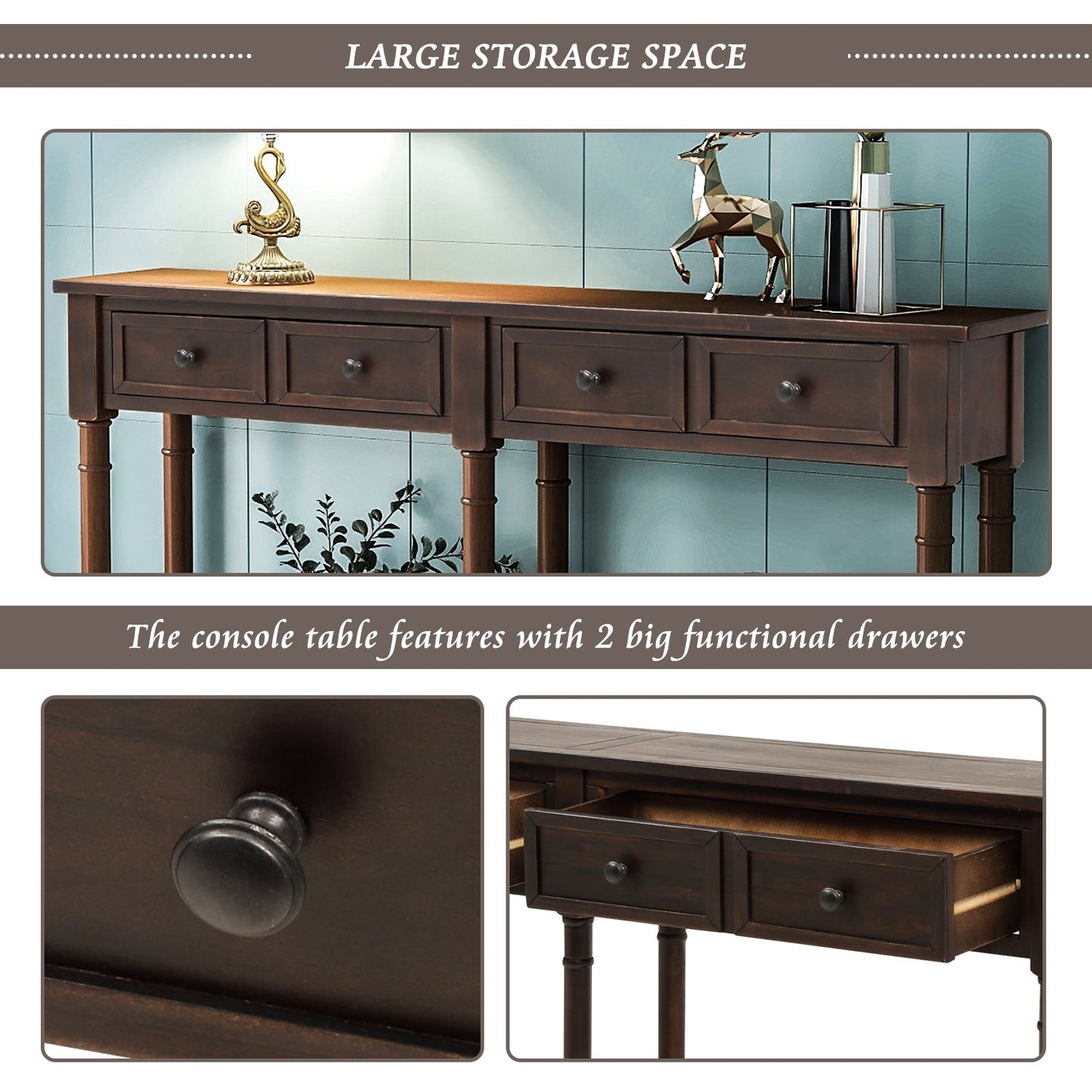 TREXM Espresso Console Table with Storage Drawers
