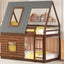 Wood Twin Size House Bunk Bed with Roof, Ladder and 2 Windows, Oak & Smoky Grey - Korvel