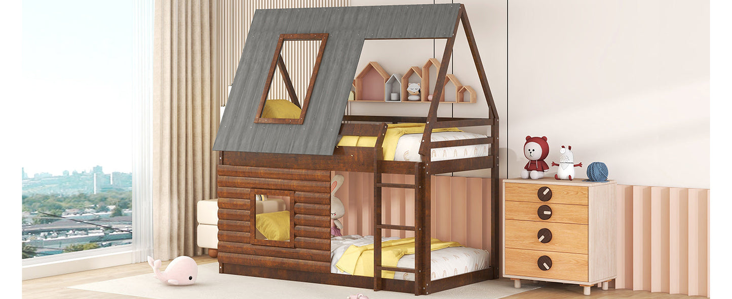 Wood Twin Size House Bunk Bed with Roof, Ladder and 2 Windows, Oak & Smoky Grey - Korvel