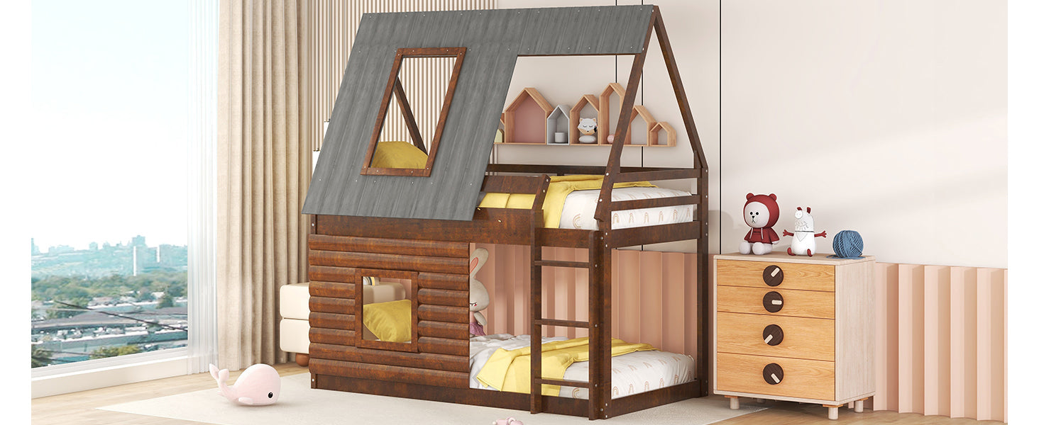 Wood Twin Size House Bunk Bed with Roof, Ladder and 2 Windows, Oak & Smoky Grey - Korvel
