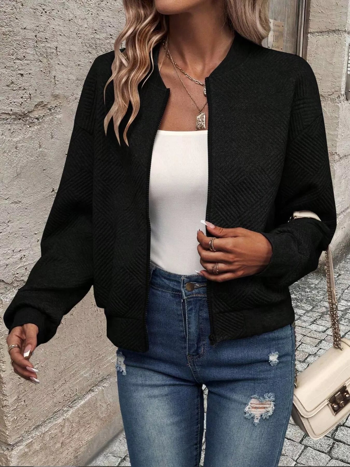 Veste Bomber à Fermeture Éclair Texturée