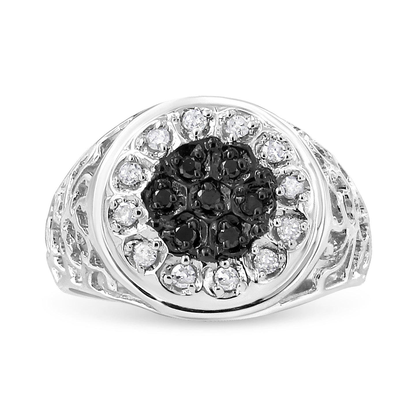 .925 Sterling Silver Black and White Diamond Halo Cluster Ring for Men - Size 10