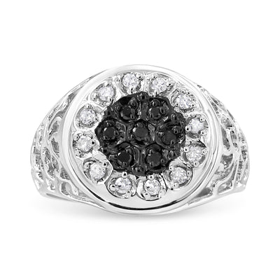 .925 Sterling Silver Black and White Diamond Halo Cluster Ring for Men - Size 10