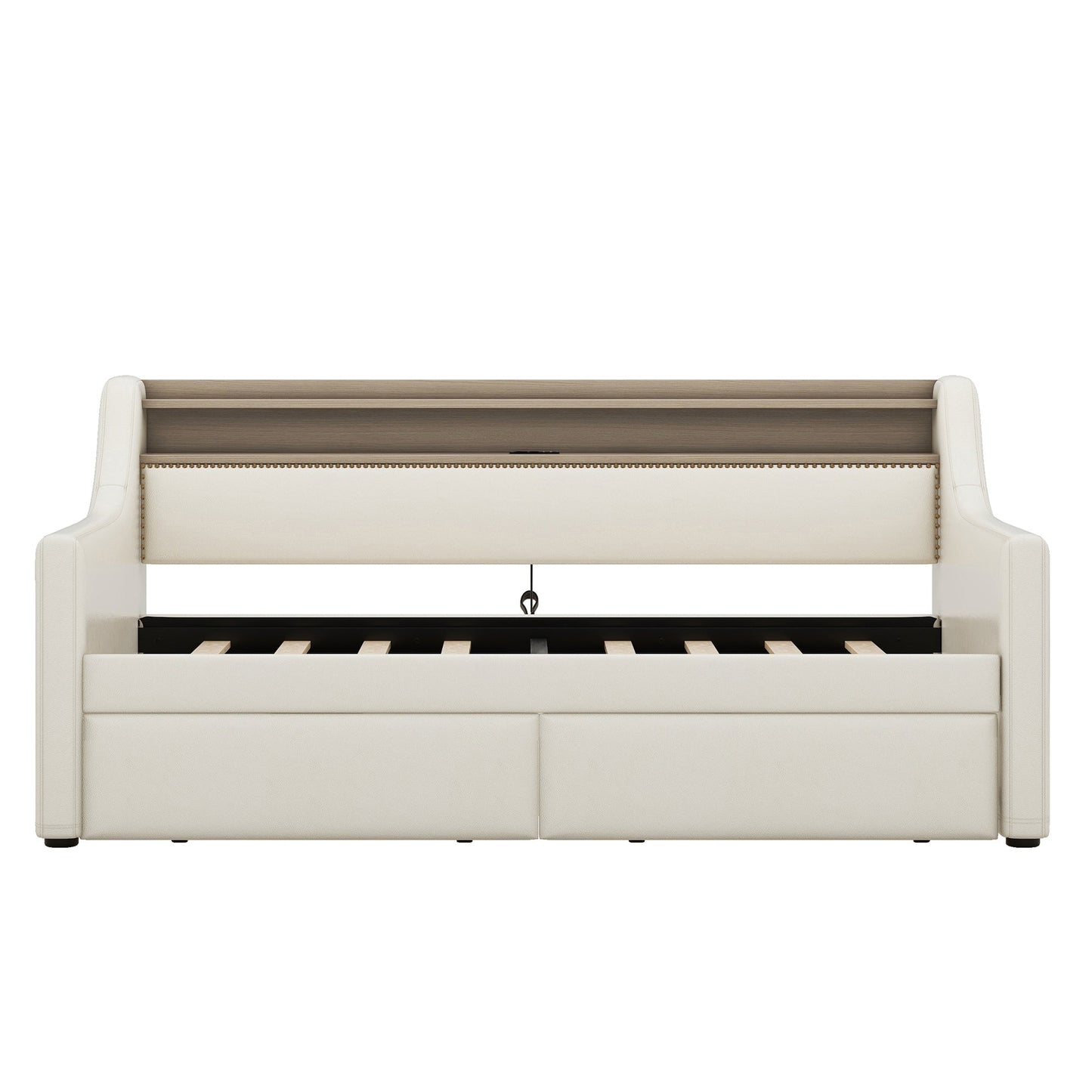 Twin Size Daybed with Storage Drawers, Upholstered Daybed with Charging Station and LED Lights, Beige - Korvel