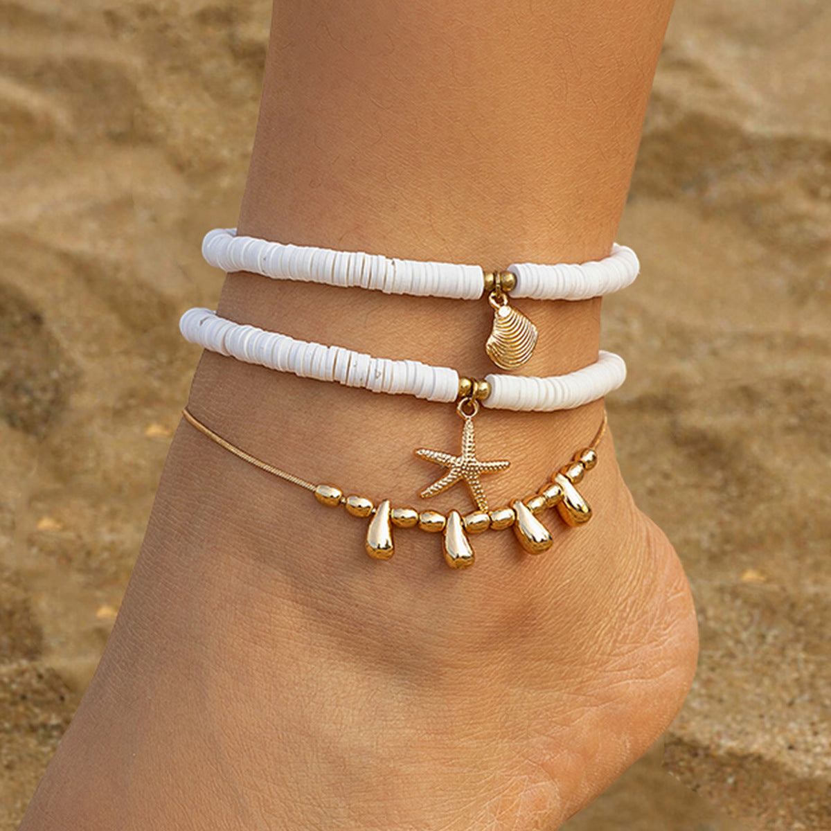 Holiday starfish soft ceramic ankle chain set, beach multi-layer alloy copper chain ankle ring - Korvel
