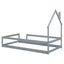 Lit simple taille jumeau en bois gris avec tête de lit en forme de maison